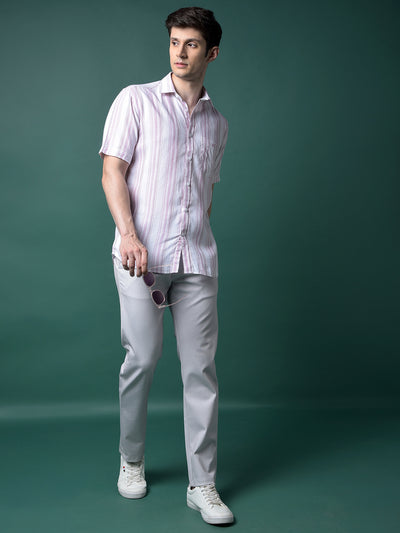 Pink Vertical Stripes Linen Shirt-Men Shirts-Crimsoune Club