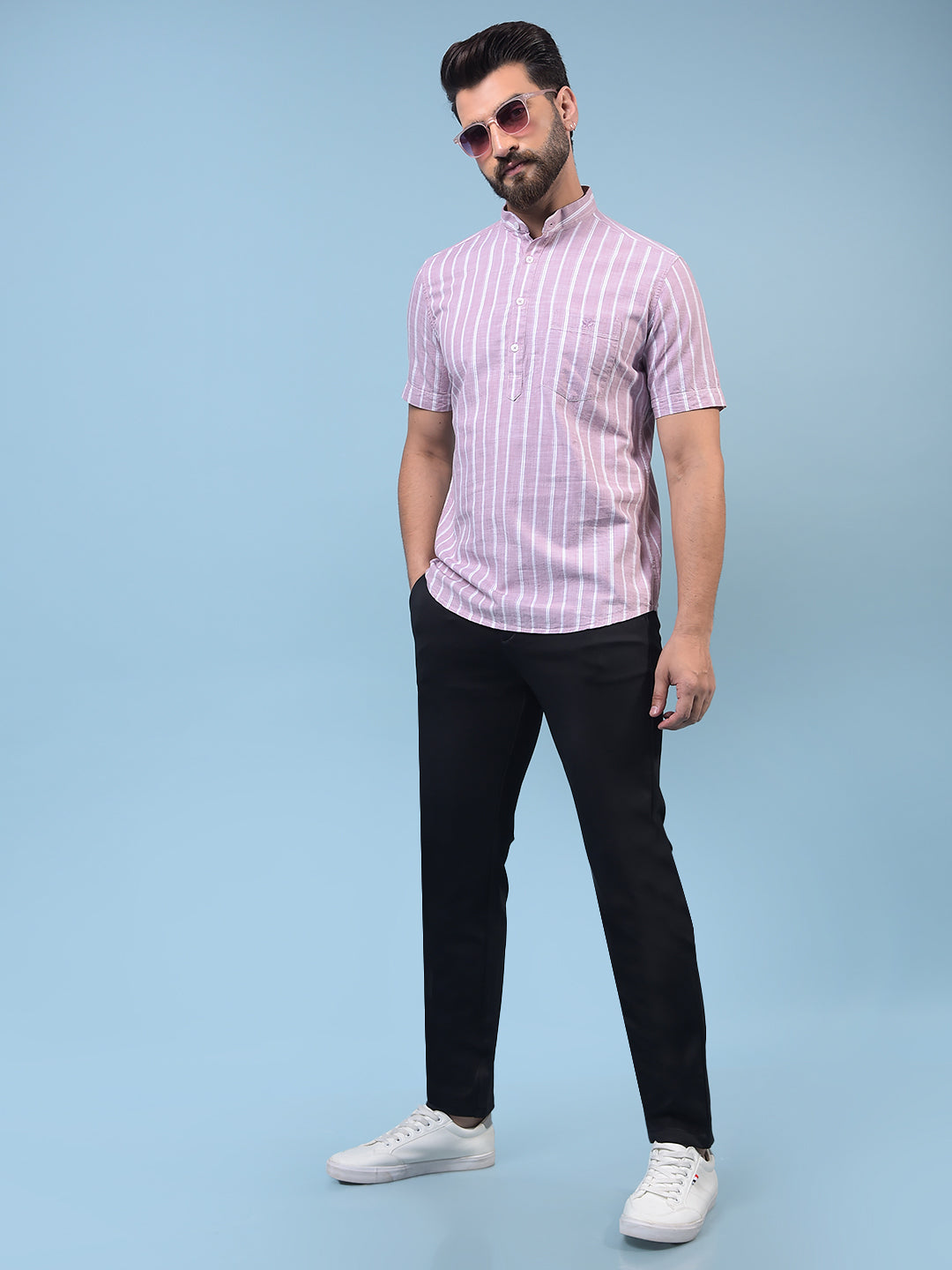 Men's Purple Vertical Stripes 100% Cotton Kurta-Men Kurtas-Crimsoune Club