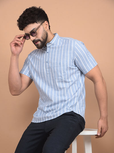 Blue Vertical Stripes 100% Cotton Kurta-Men Kurtas-Crimsoune Club