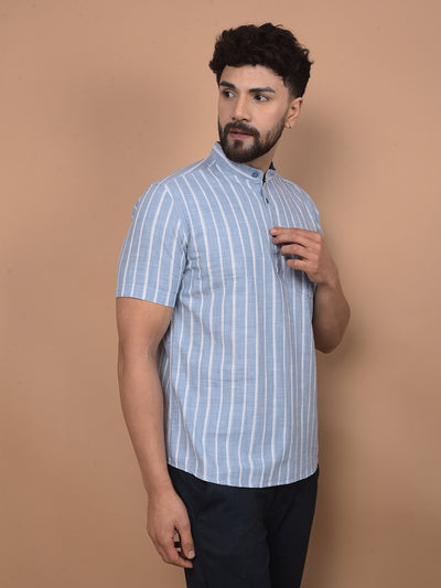 Blue Vertical Stripes 100% Cotton Kurta-Men Kurtas-Crimsoune Club