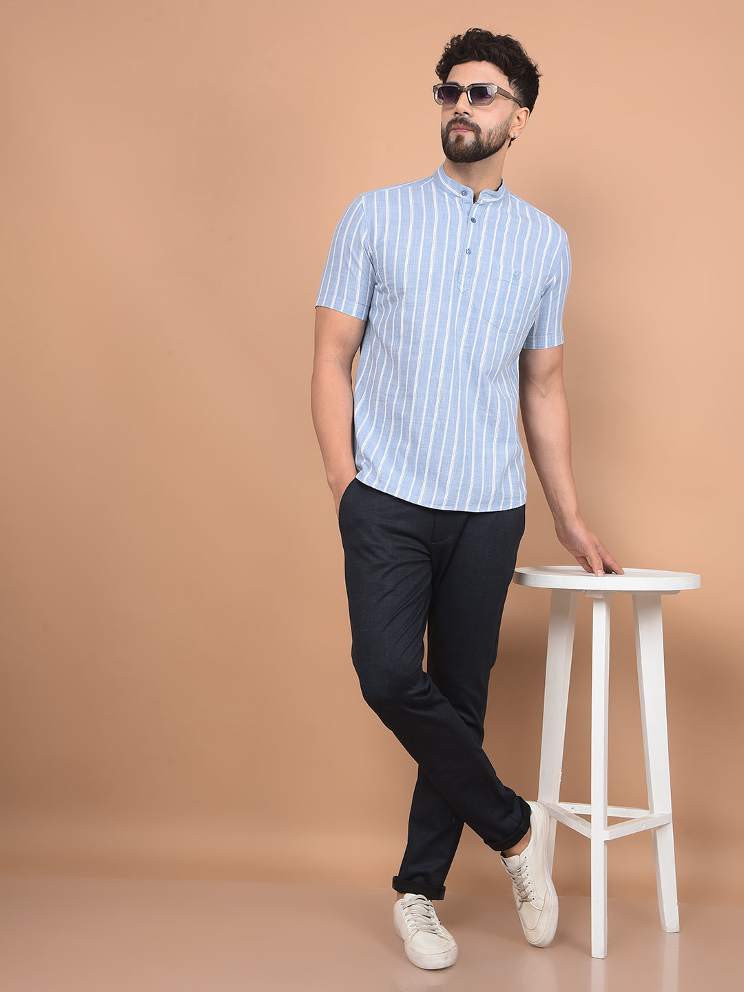 Blue Vertical Stripes 100% Cotton Kurta-Men Kurtas-Crimsoune Club