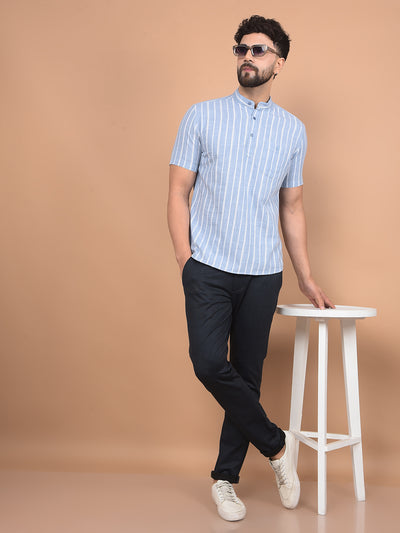 Blue Vertical Stripes 100% Cotton Kurta-Men Kurtas-Crimsoune Club