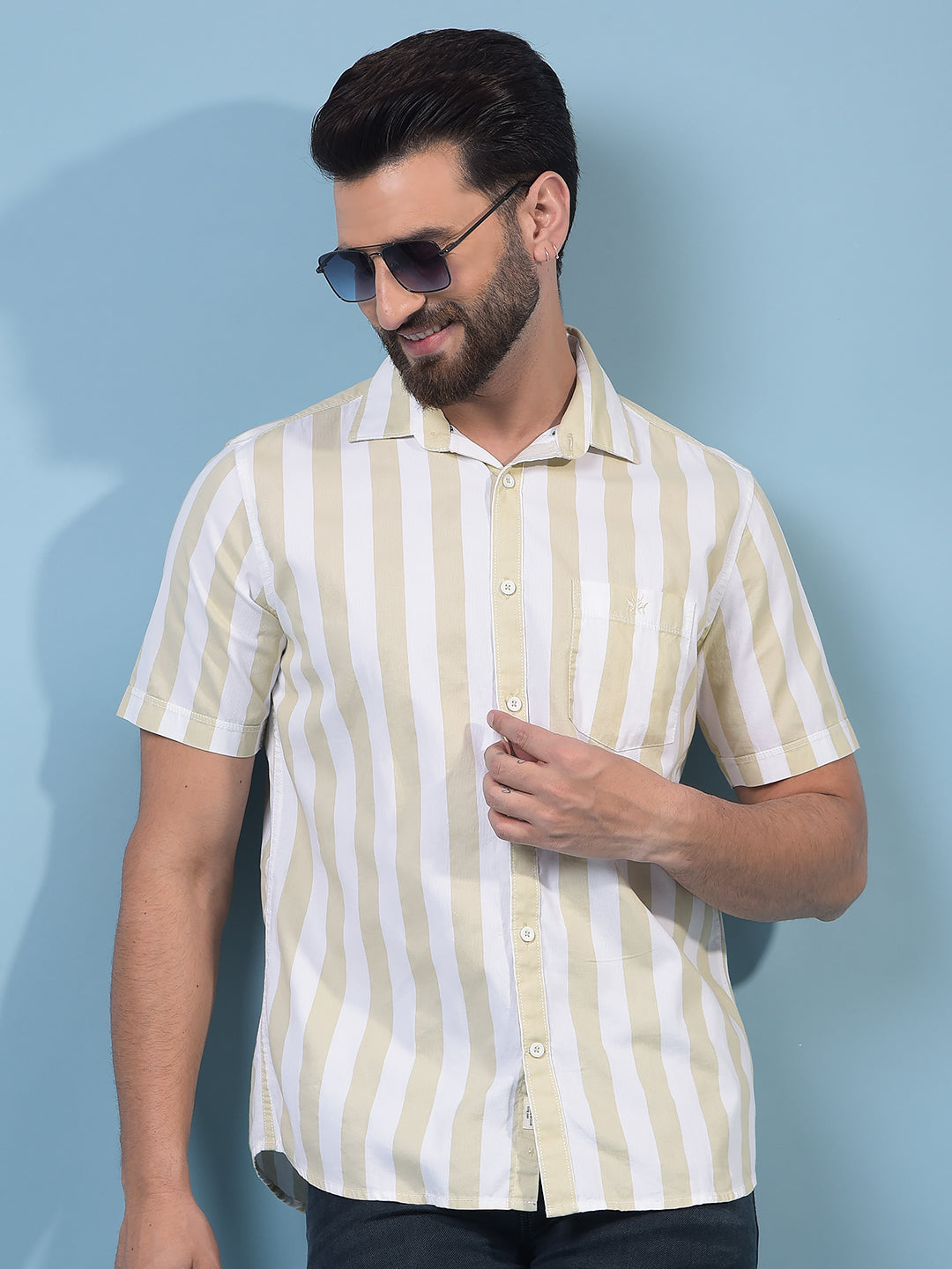 Men's Green Vertical Stripes Linen Shirt-Men Shirts-Crimsoune Club