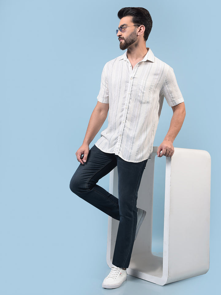 Men's Green Vertical Stripes Linen Shirt-Men Shirts-Crimsoune Club