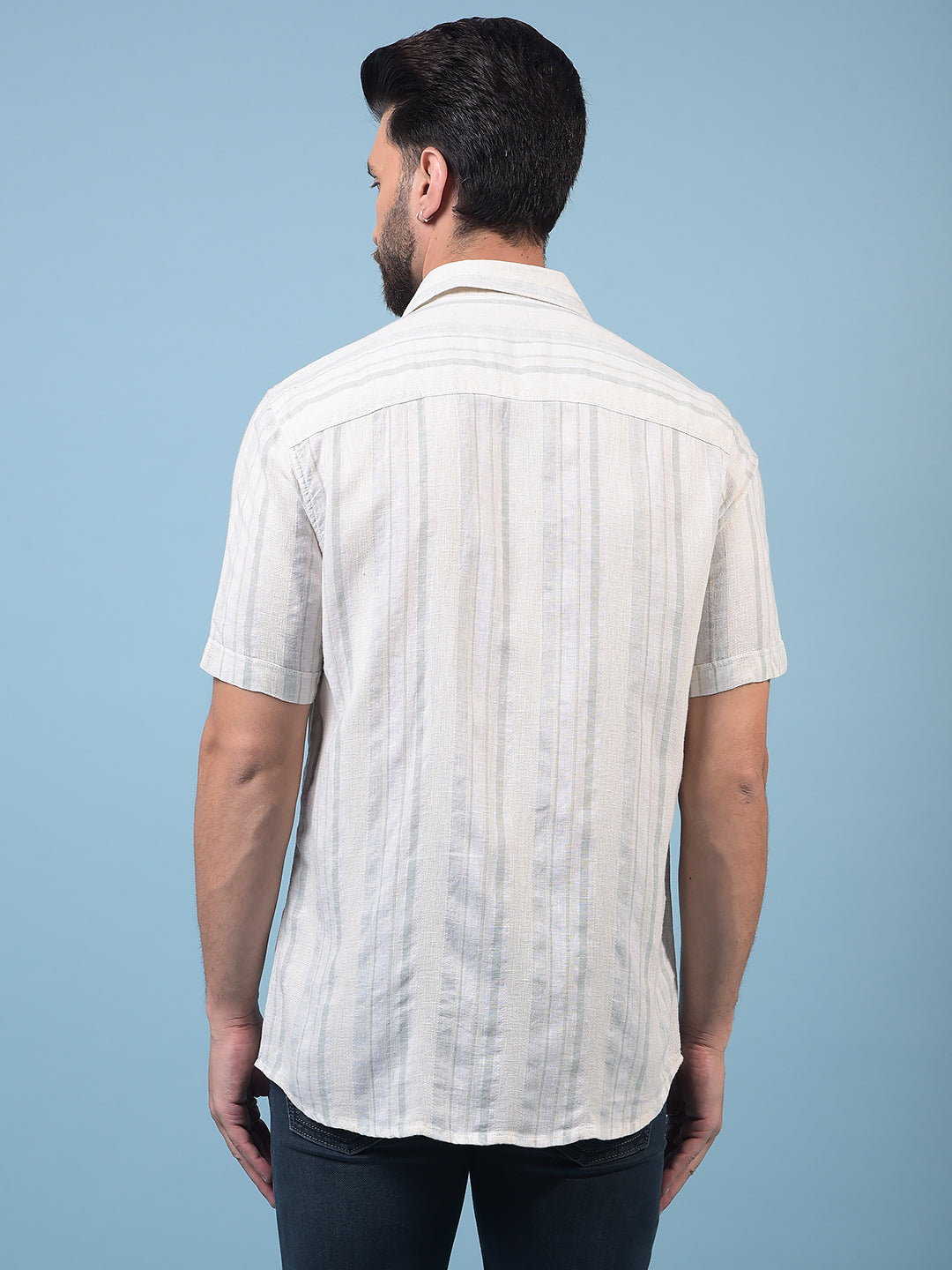 Men's Green Vertical Stripes Linen Shirt-Men Shirts-Crimsoune Club