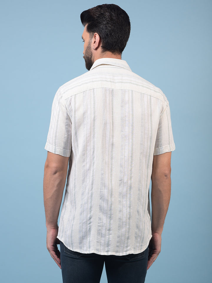 Men's Green Vertical Stripes Linen Shirt-Men Shirts-Crimsoune Club