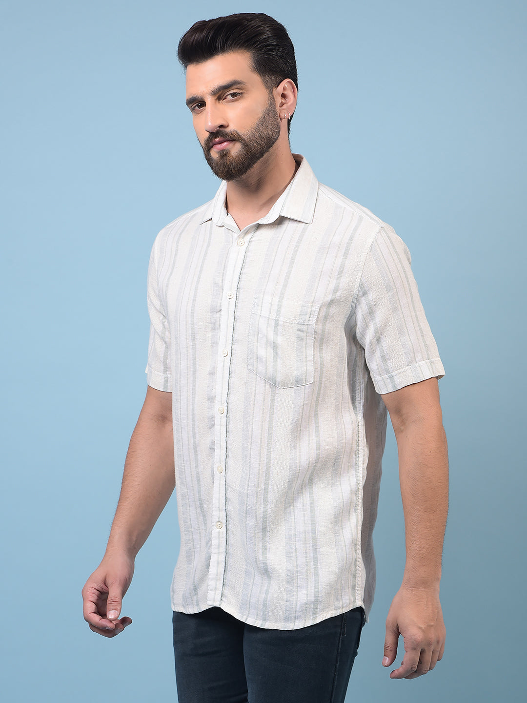 Men's Green Vertical Stripes Linen Shirt-Men Shirts-Crimsoune Club