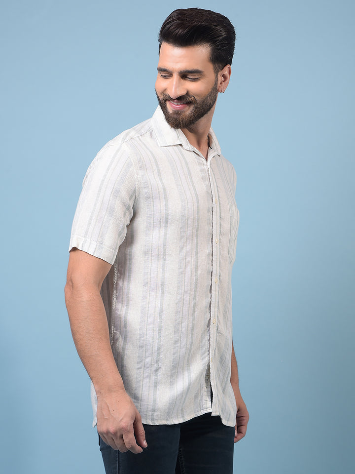 Men's Green Vertical Stripes Linen Shirt-Men Shirts-Crimsoune Club