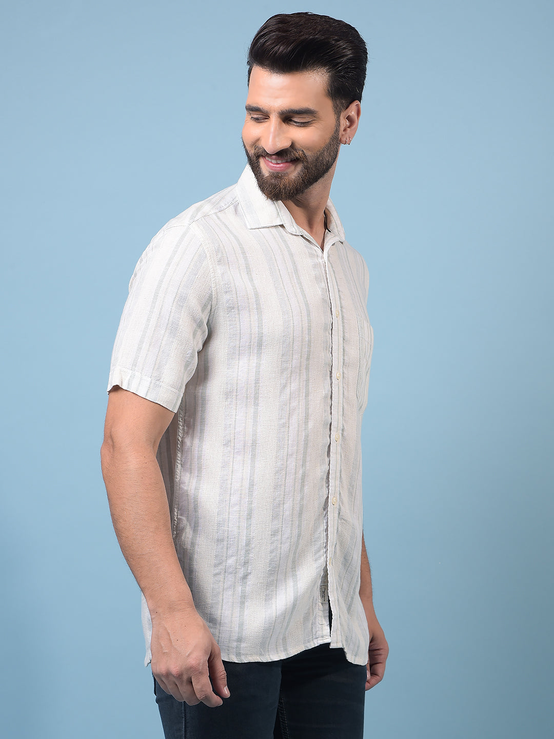 Men's Green Vertical Stripes Linen Shirt-Men Shirts-Crimsoune Club