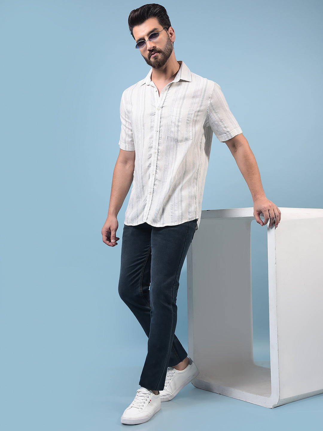 Men's Green Vertical Stripes Linen Shirt-Men Shirts-Crimsoune Club