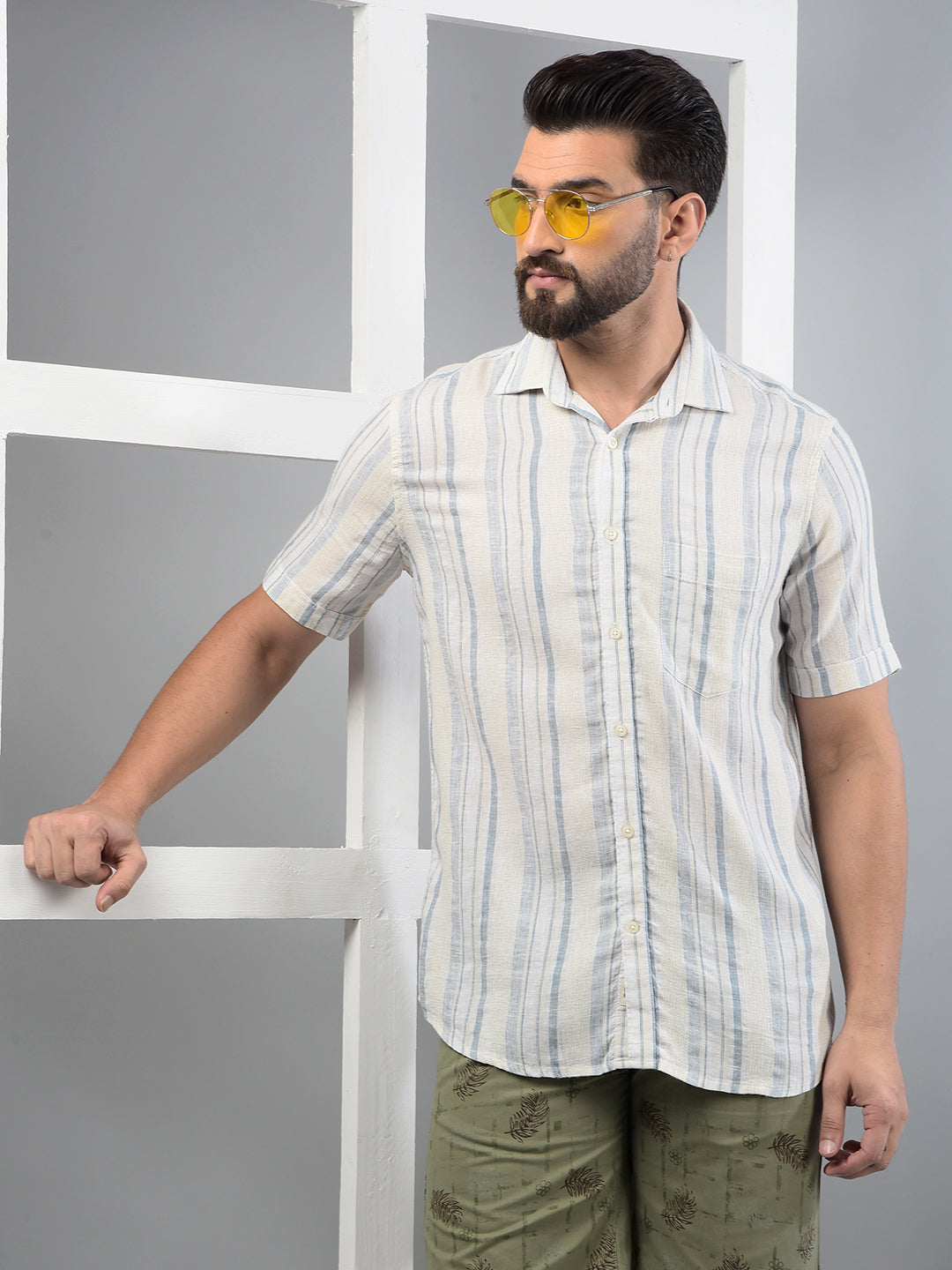 Blue Vertical Stripes Linen Shirt-Men Shirts-Crimsoune Club