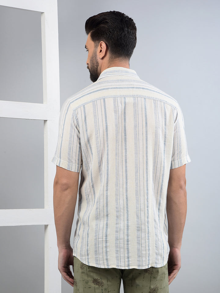 Blue Vertical Stripes Linen Shirt-Men Shirts-Crimsoune Club