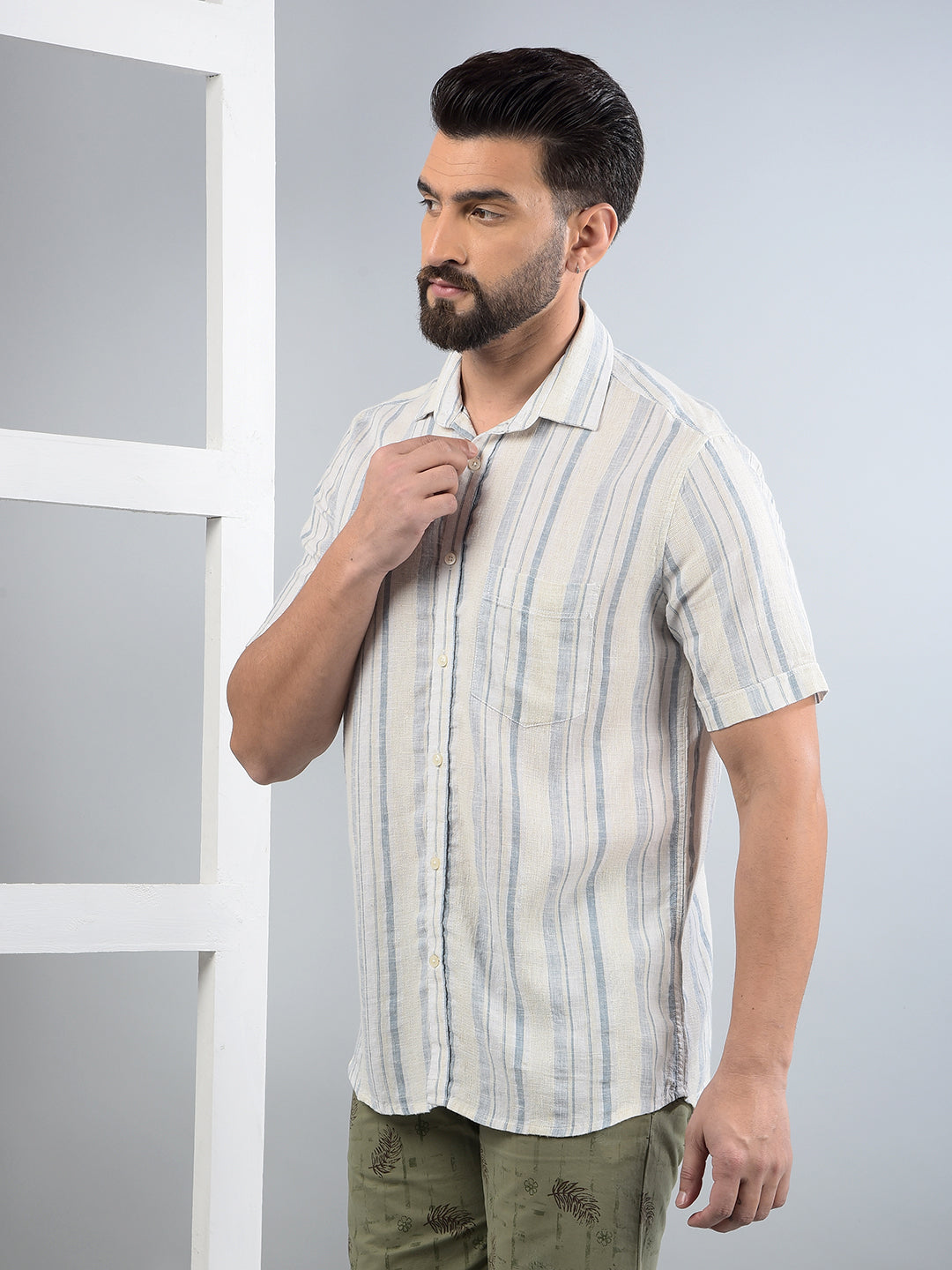Blue Vertical Stripes Linen Shirt-Men Shirts-Crimsoune Club