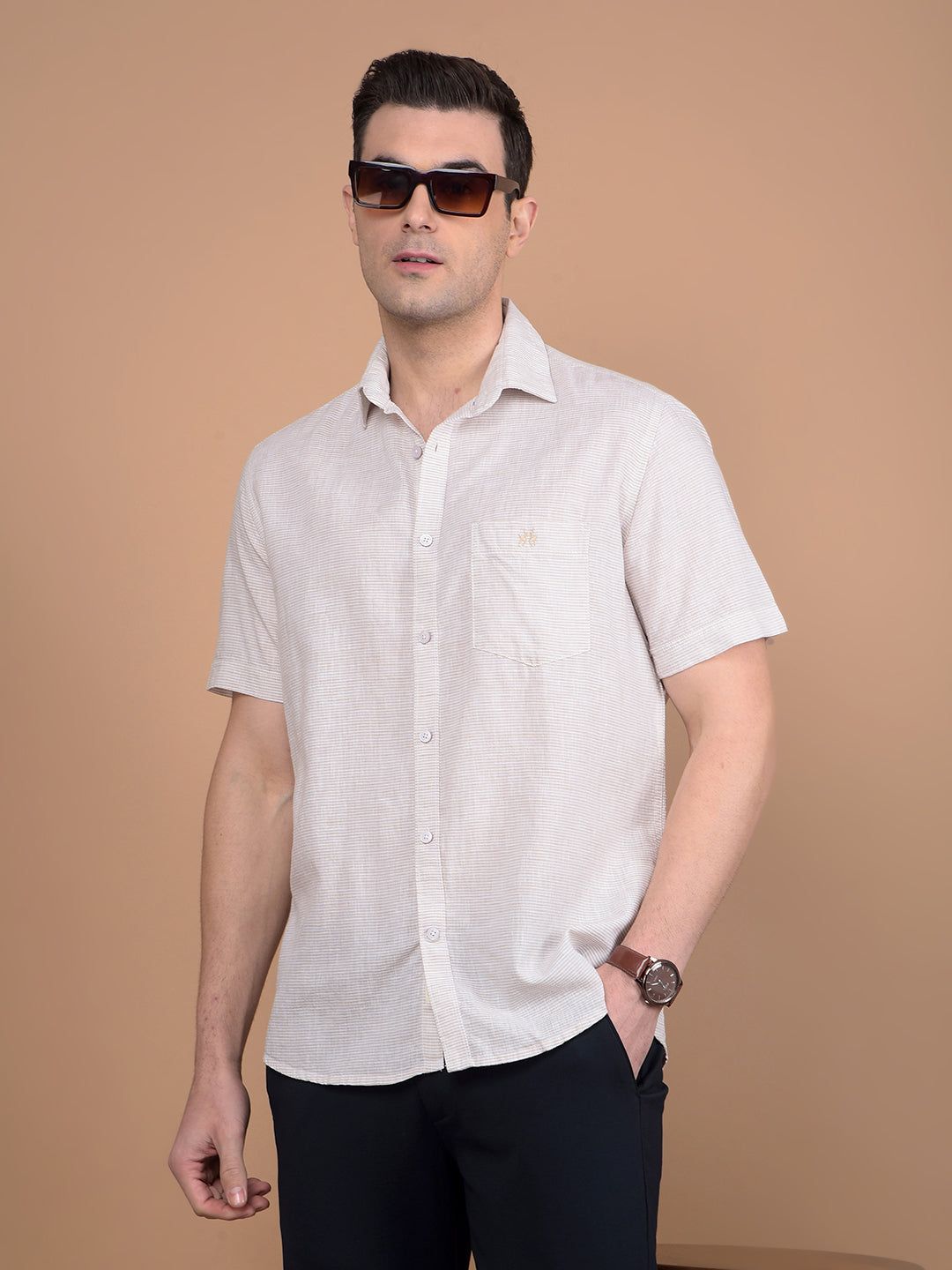 Beige Horizontal Stripes Linen Shirt-Men Shirts-Crimsoune Club