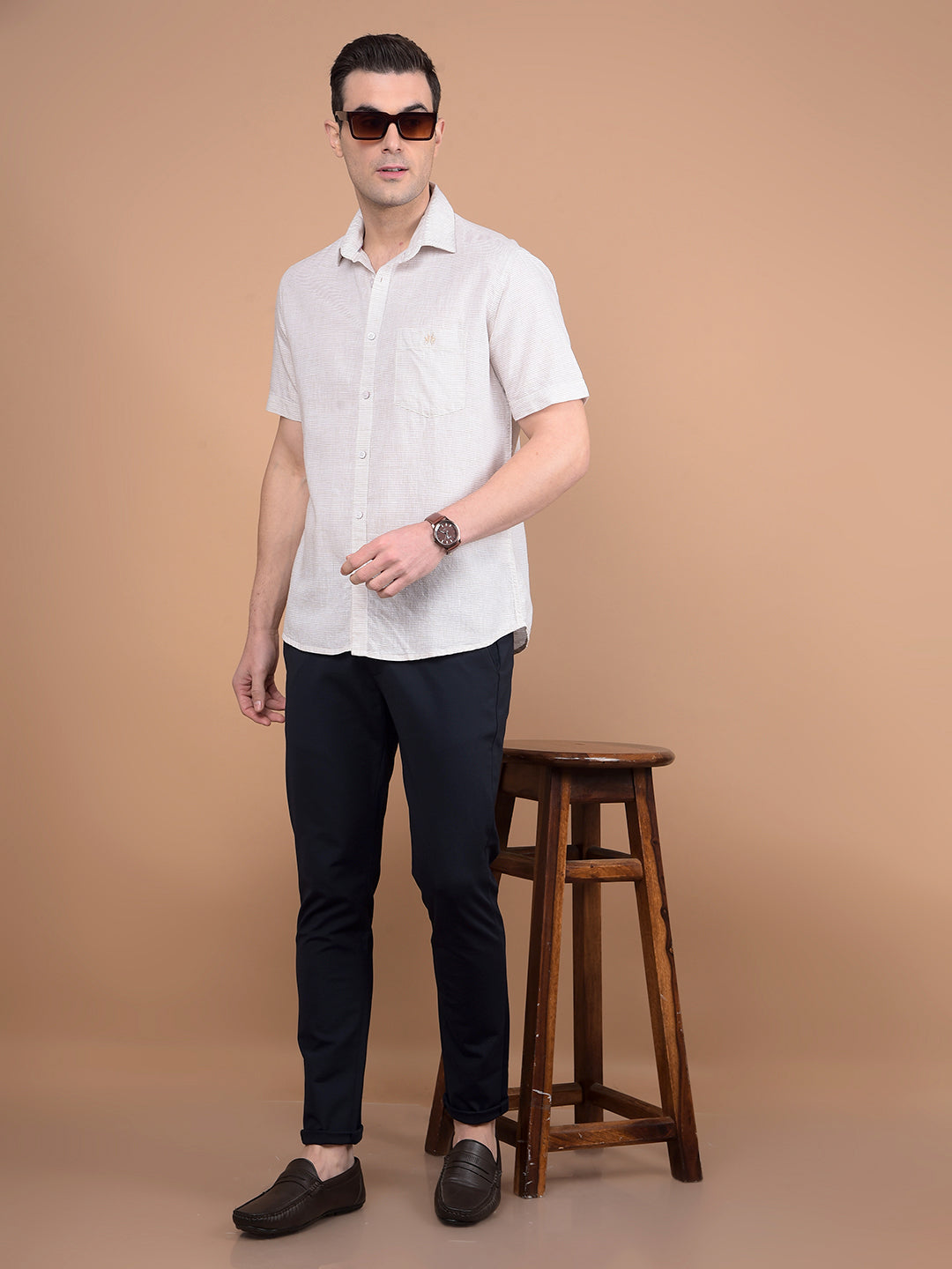 Beige Horizontal Stripes Linen Shirt-Men Shirts-Crimsoune Club