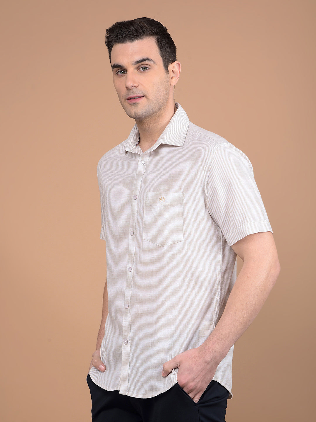 Beige Horizontal Stripes Linen Shirt-Men Shirts-Crimsoune Club