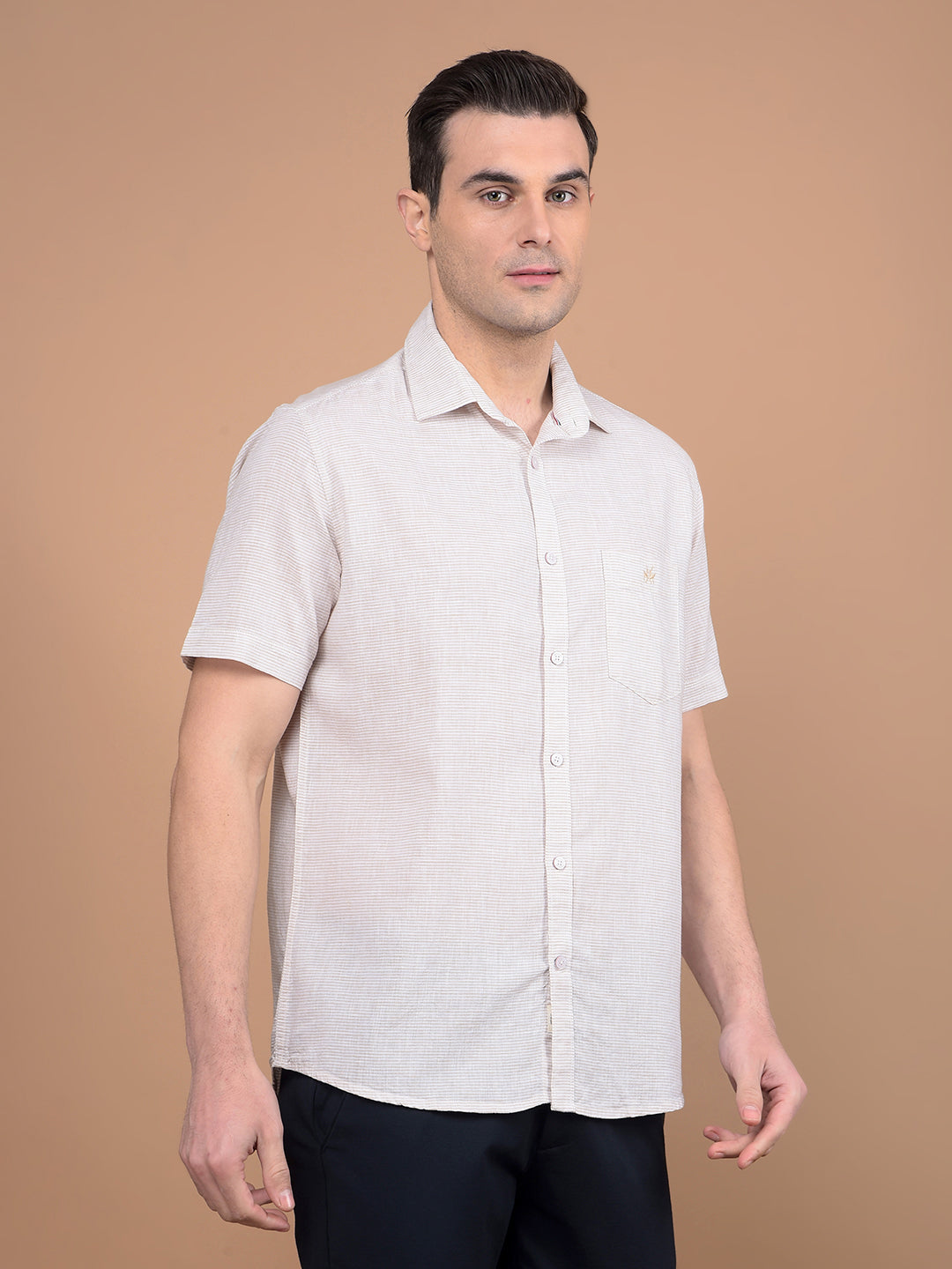 Beige Horizontal Stripes Linen Shirt-Men Shirts-Crimsoune Club