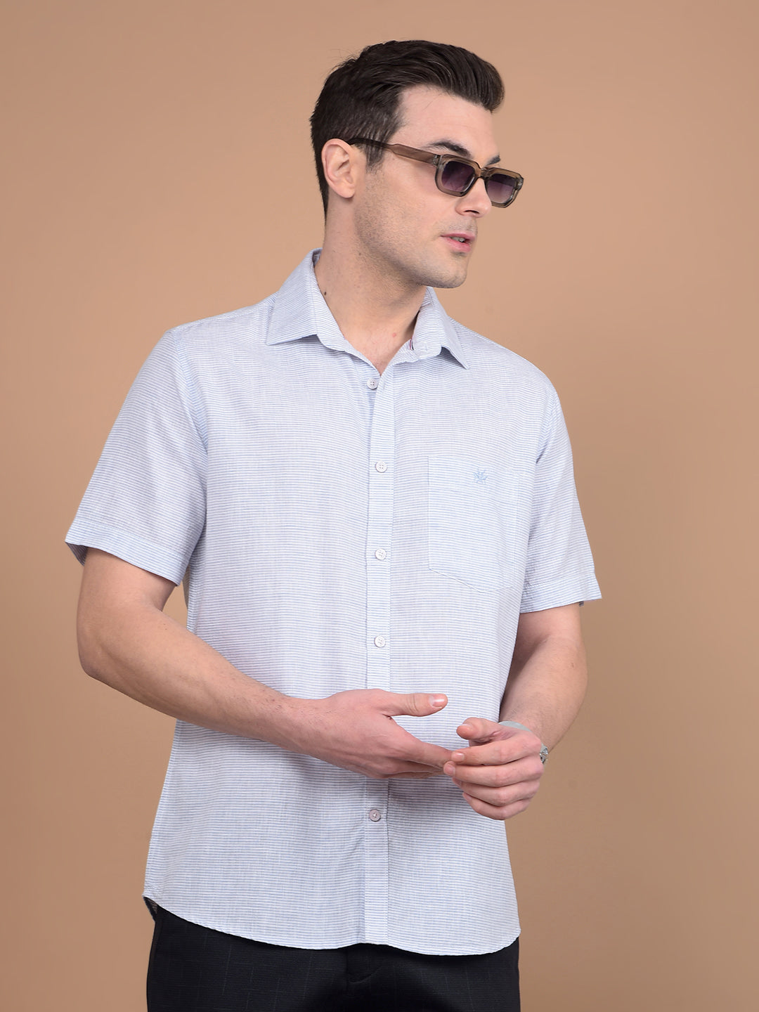 Blue Horizontal Stripes Linen Shirt-Men Shirts-Crimsoune Club