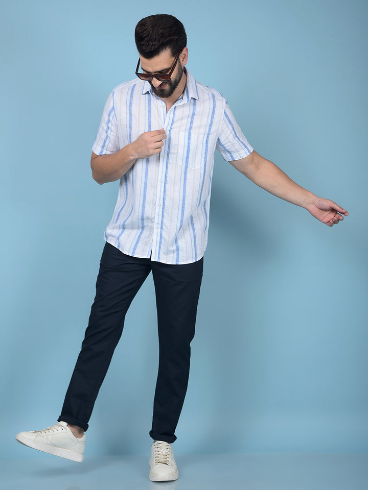 Blue Vertical Stripes Linen Shirt-Men Shirts-Crimsoune Club