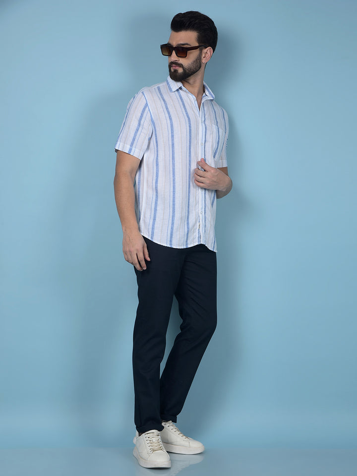 Blue Vertical Stripes Linen Shirt-Men Shirts-Crimsoune Club