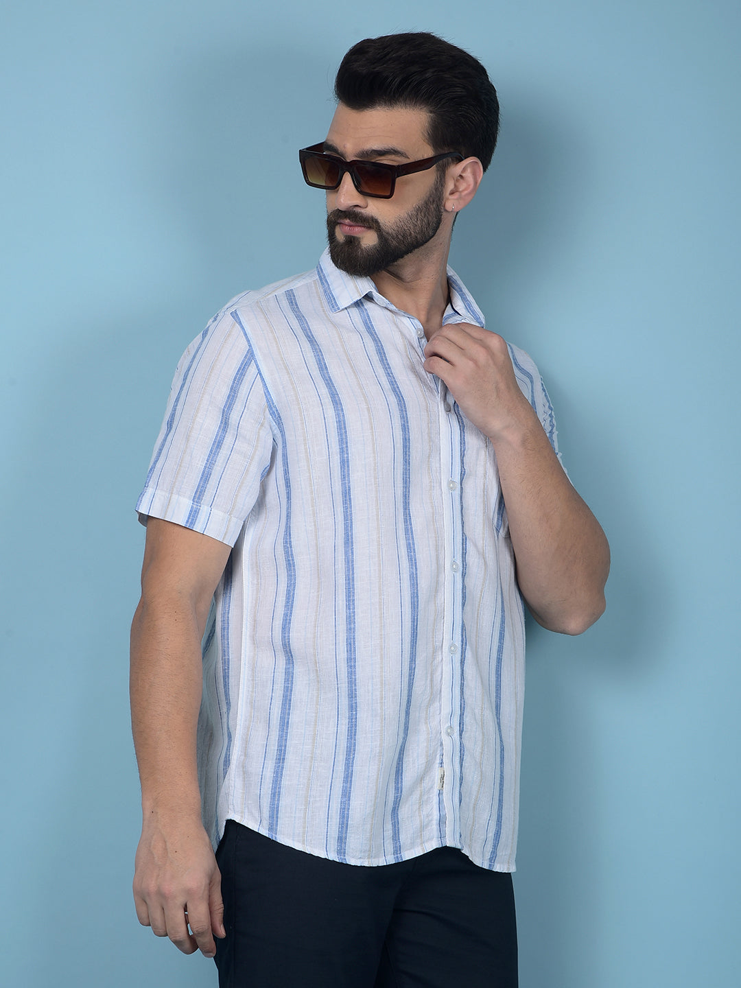Blue Vertical Stripes Linen Shirt-Men Shirts-Crimsoune Club
