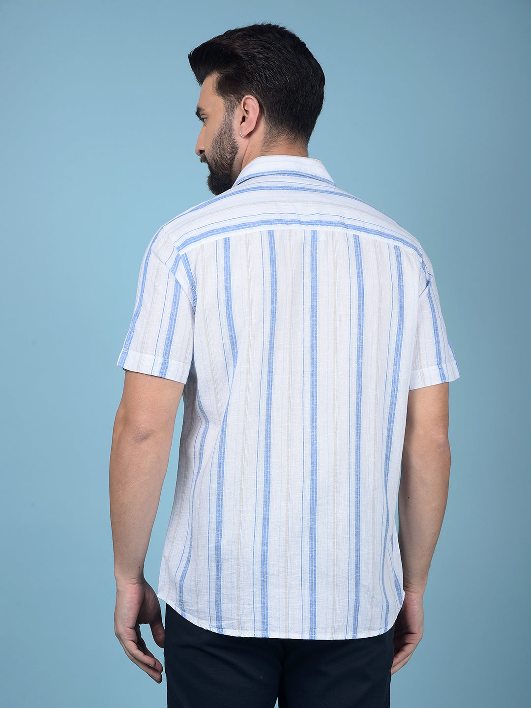 Blue Vertical Stripes Linen Shirt-Men Shirts-Crimsoune Club