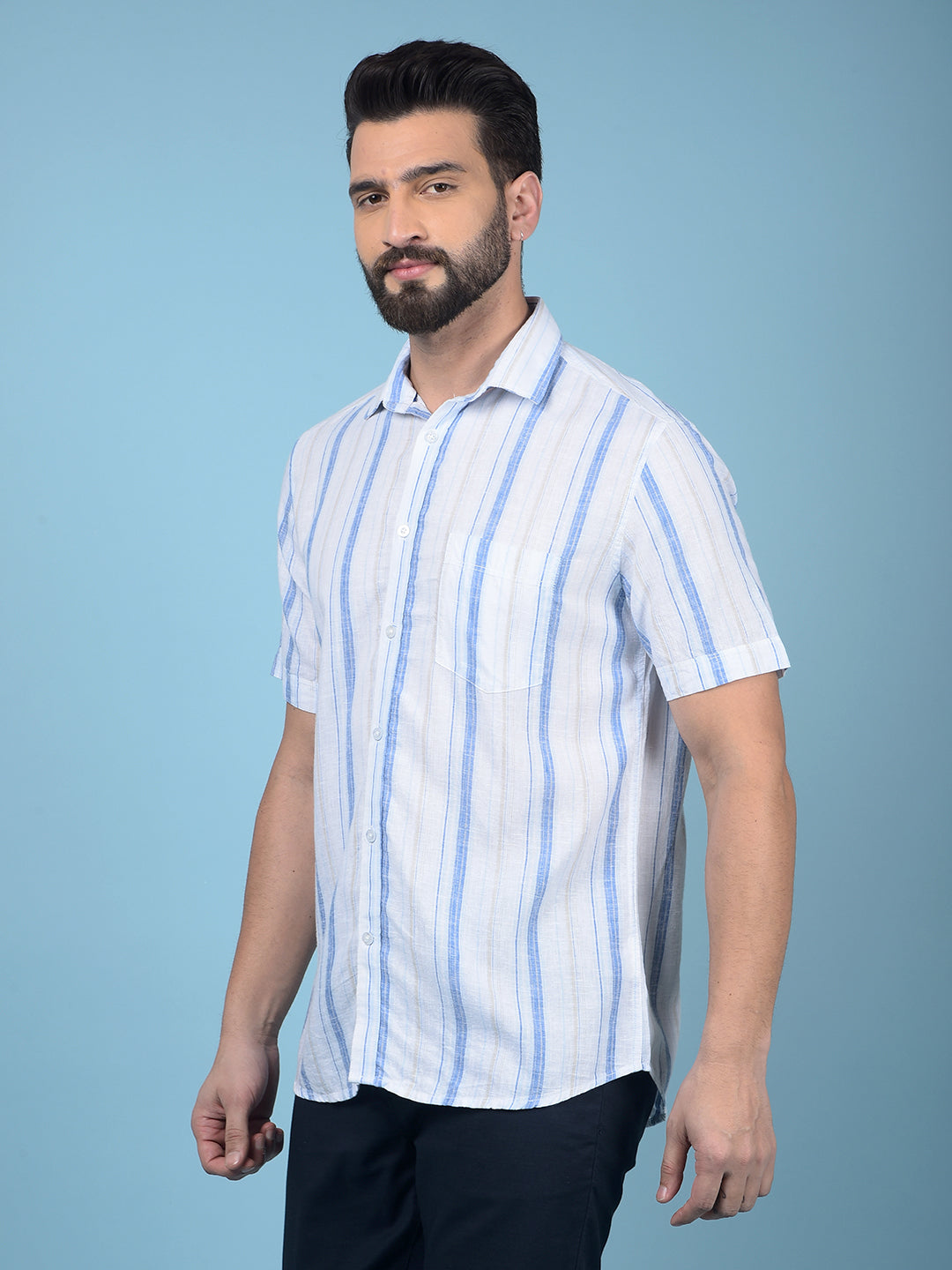 Blue Vertical Stripes Linen Shirt-Men Shirts-Crimsoune Club