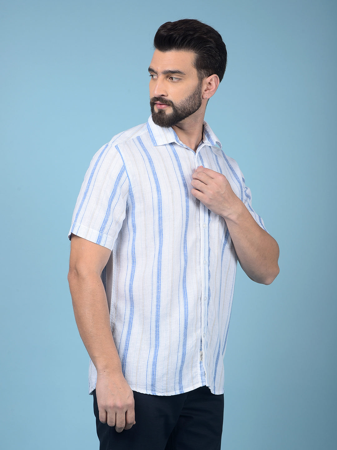 Blue Vertical Stripes Linen Shirt-Men Shirts-Crimsoune Club