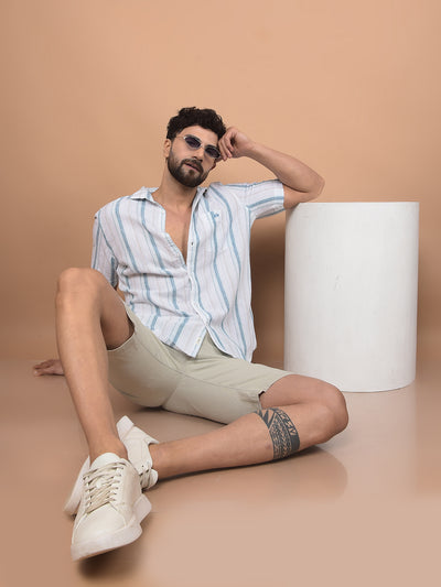 Green Vertical Stripes Linen Shirt-Men Shirts-Crimsoune Club