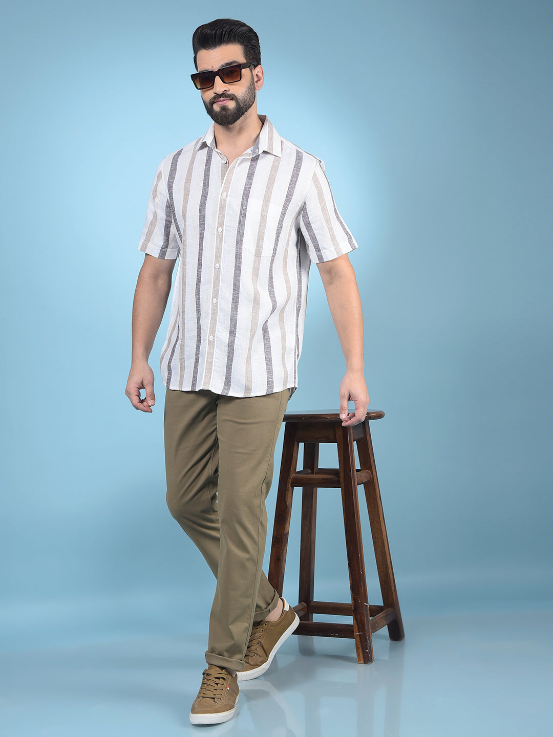 Beige Vertical Stripes Linen Shirt-Men Shirts-Crimsoune Club