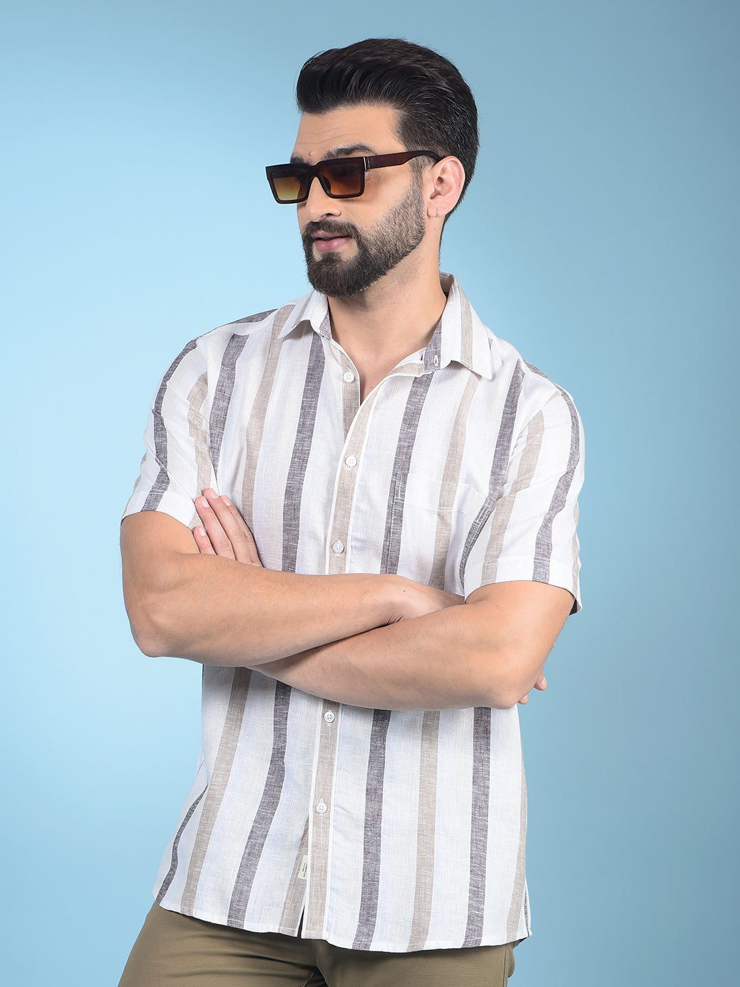 Beige Vertical Stripes Linen Shirt-Men Shirts-Crimsoune Club