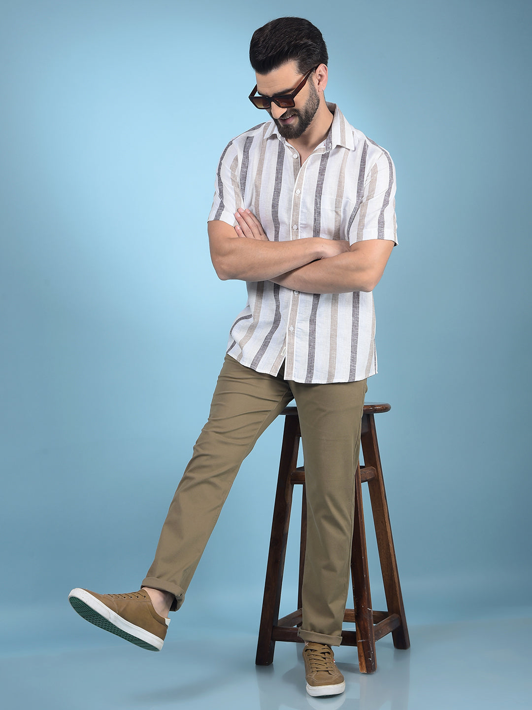 Beige Vertical Stripes Linen Shirt-Men Shirts-Crimsoune Club