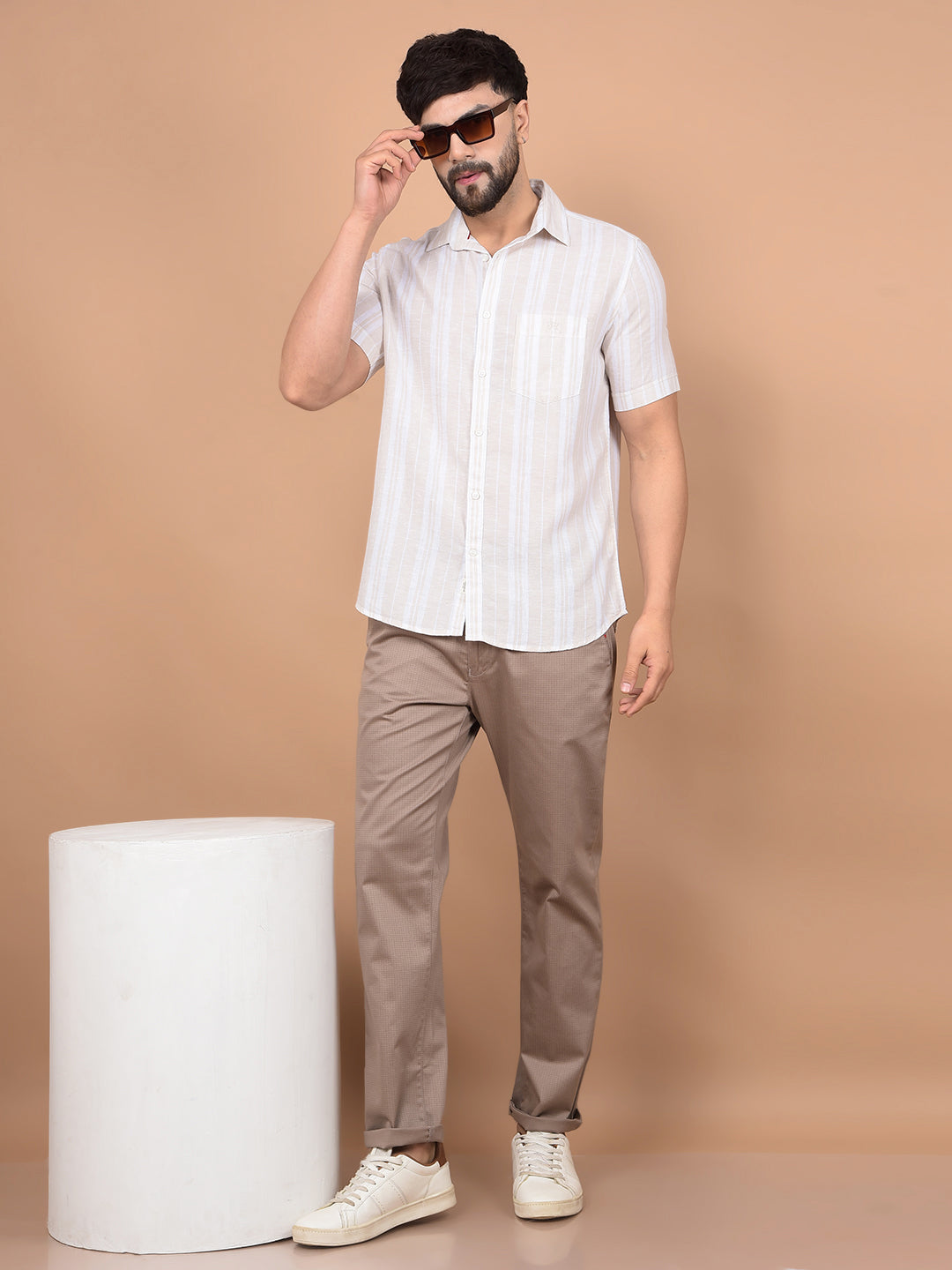 Beige Vertical Stripes Linen Shirt-Men Shirts-Crimsoune Club