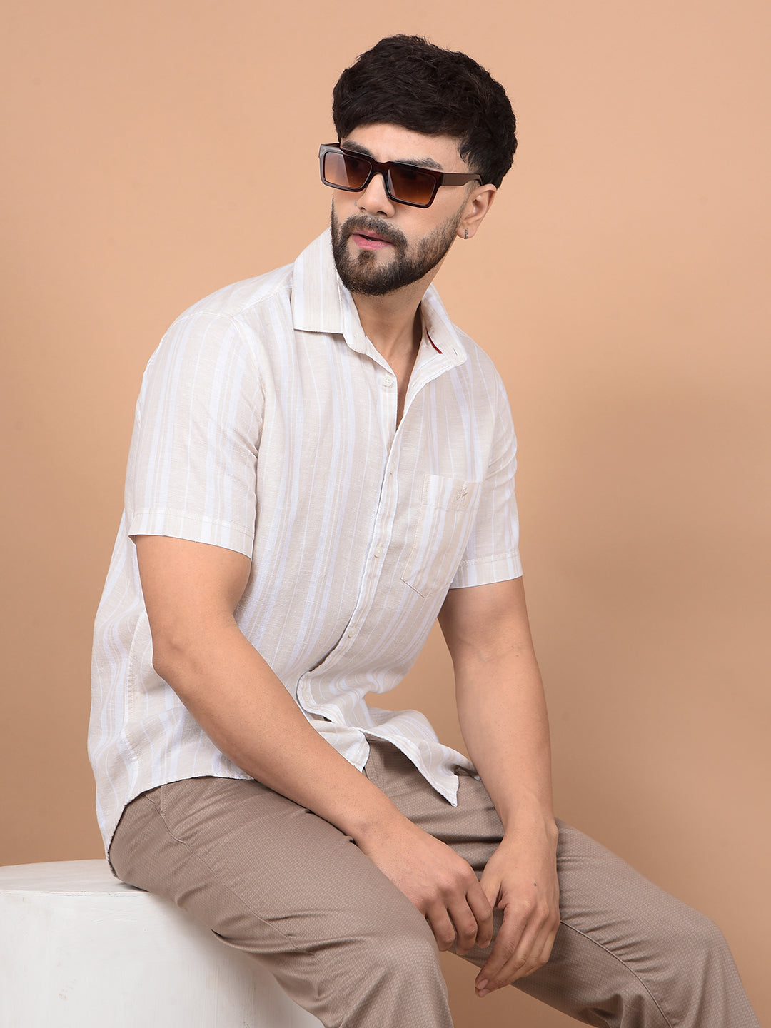 Beige Vertical Stripes Linen Shirt-Men Shirts-Crimsoune Club