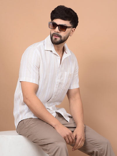 Beige Vertical Stripes Linen Shirt-Men Shirts-Crimsoune Club