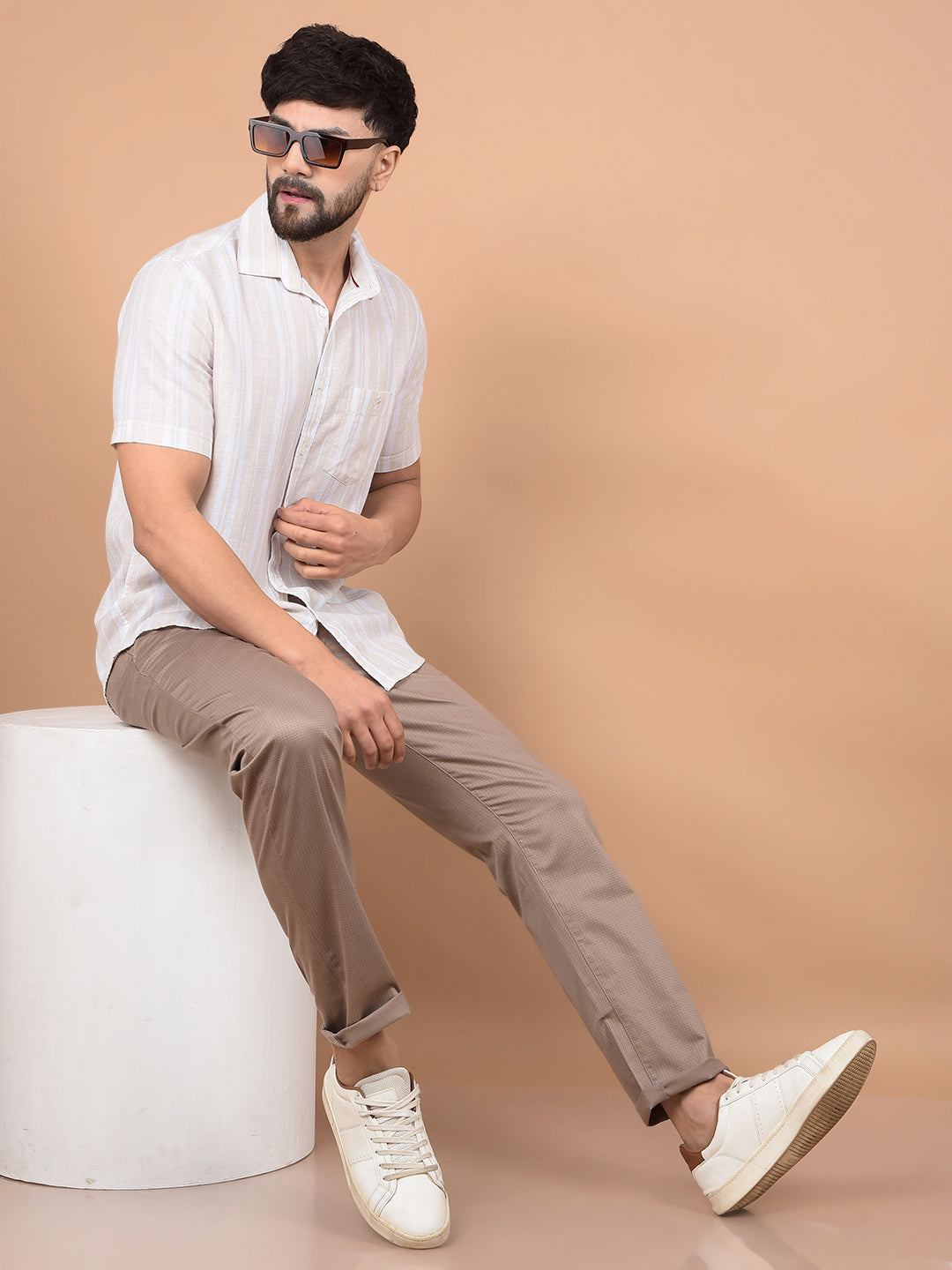 Beige Vertical Stripes Linen Shirt-Men Shirts-Crimsoune Club