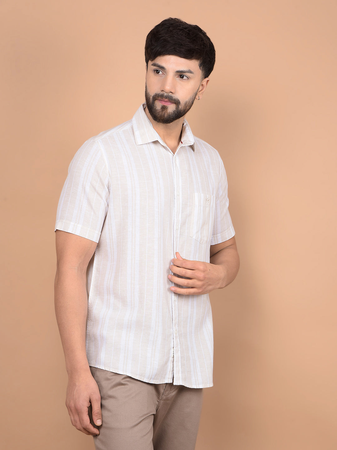 Beige Vertical Stripes Linen Shirt-Men Shirts-Crimsoune Club