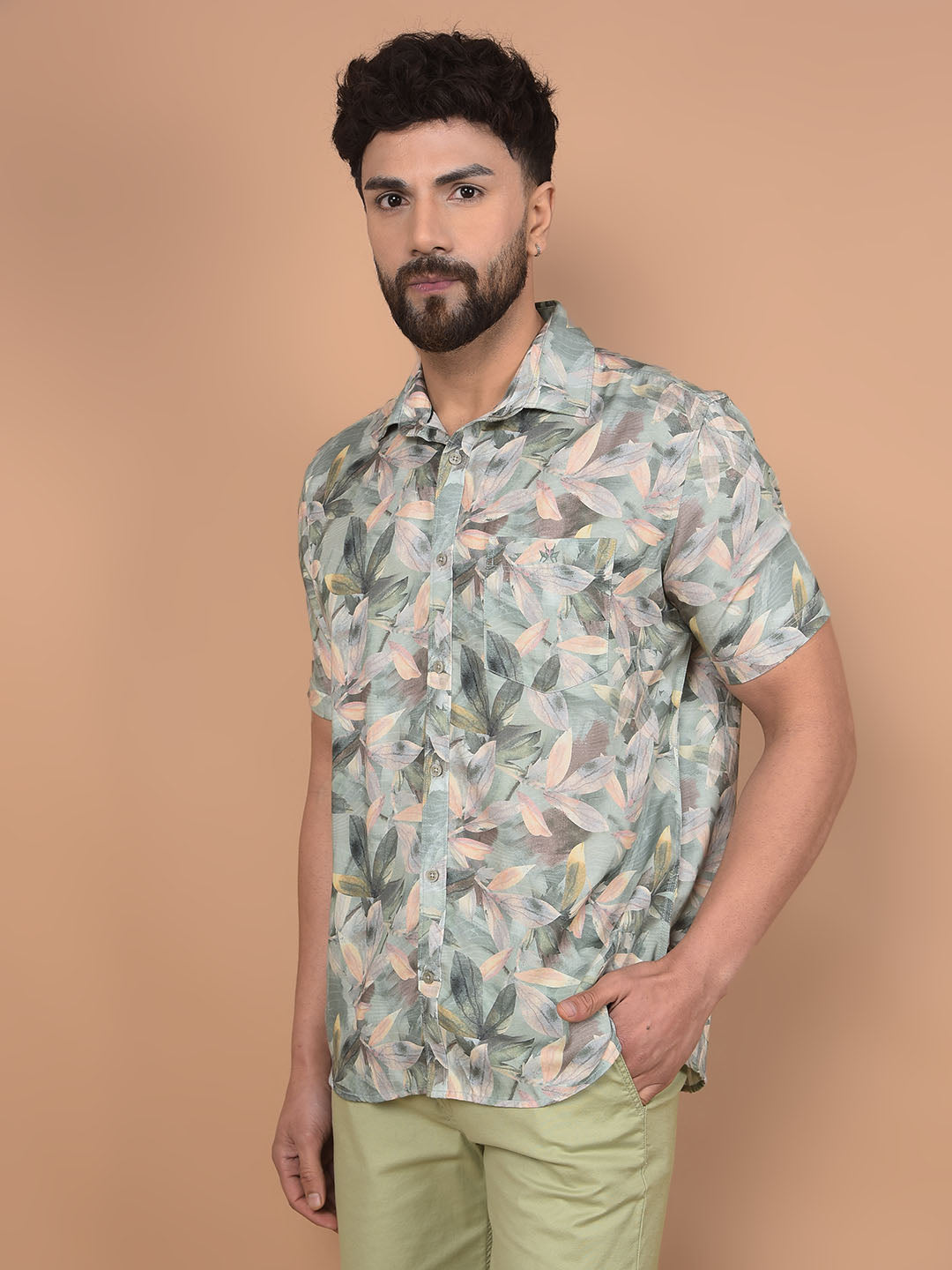 Green Floral Print Shirt-Men Shirts-Crimsoune Club