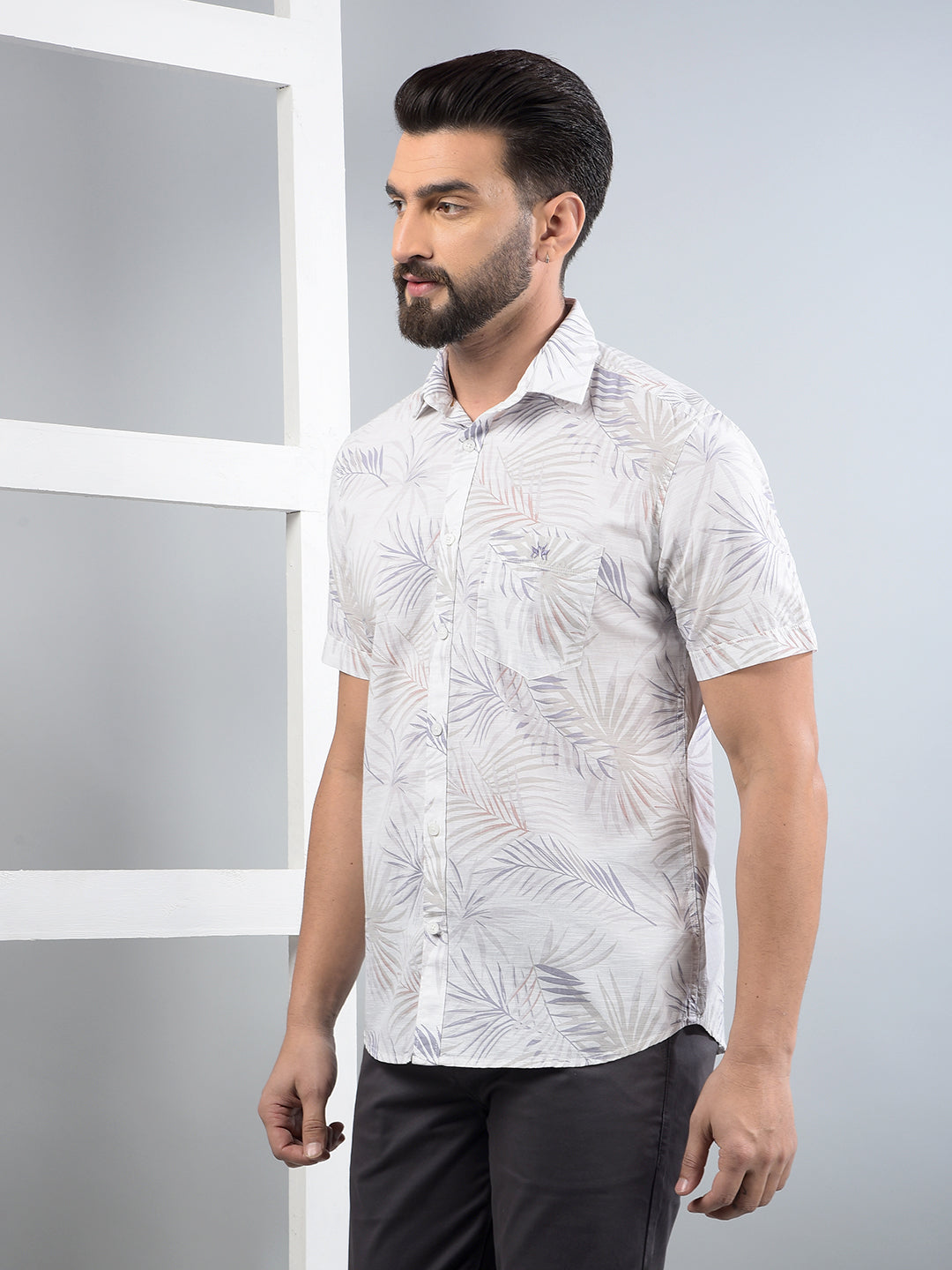 Grey Floral Print 100% Cotton Shirt-Men Shirts-Crimsoune Club