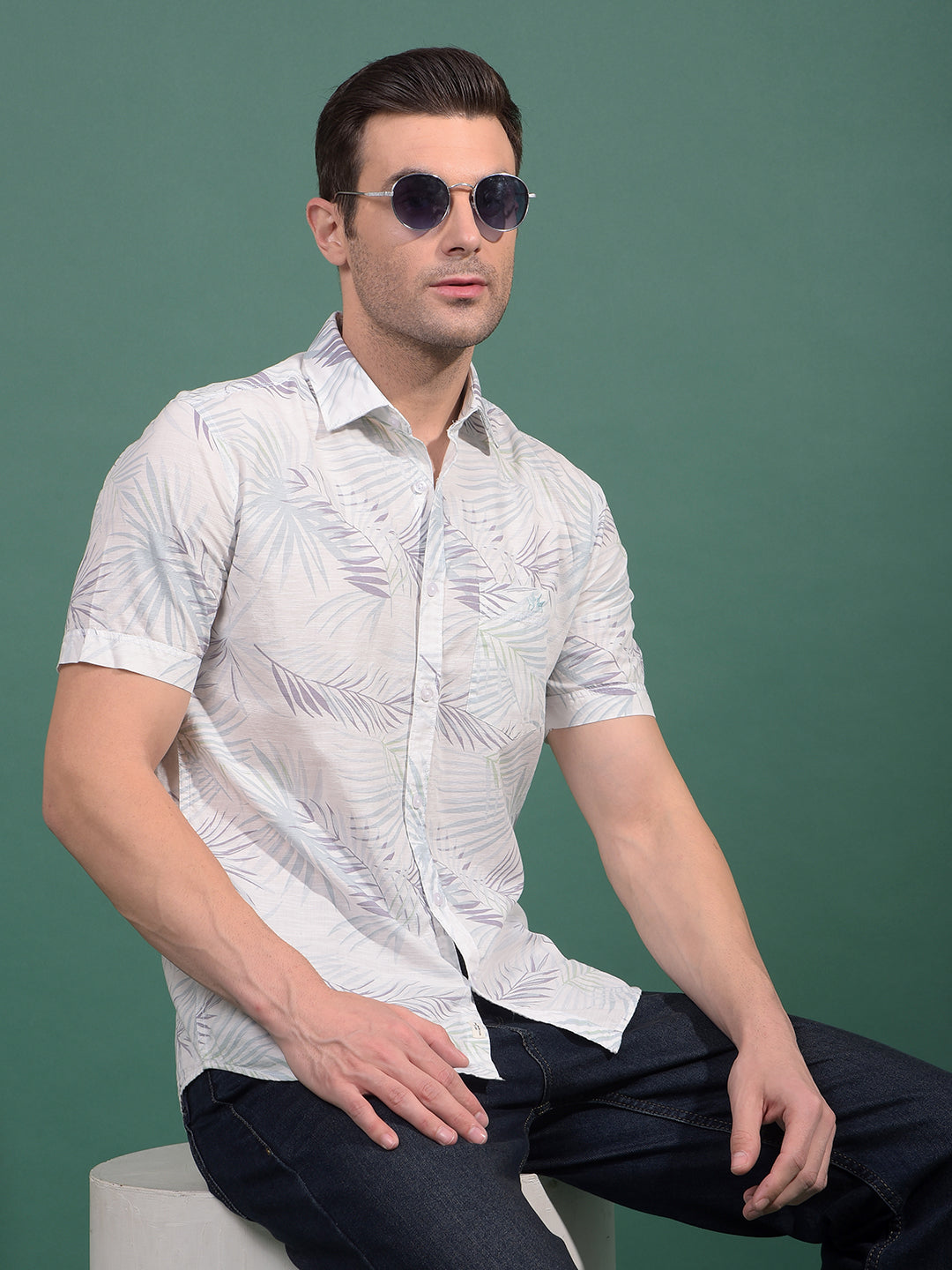 Green Floral Print 100% Cotton Shirt-Men Shirts-Crimsoune Club