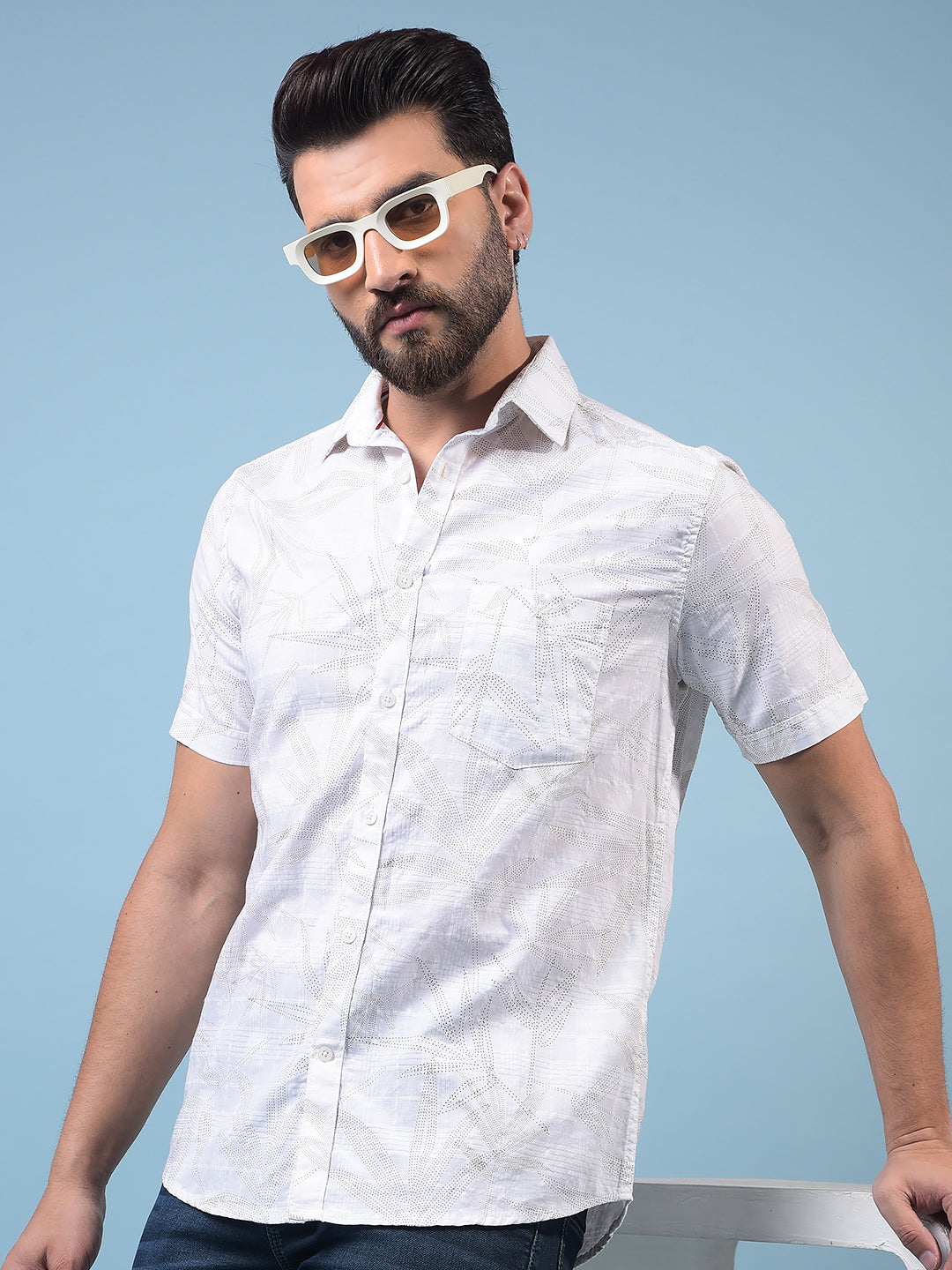 Men's White Embellished 100% Cotton Shirt-Men Shirts-Crimsoune Club