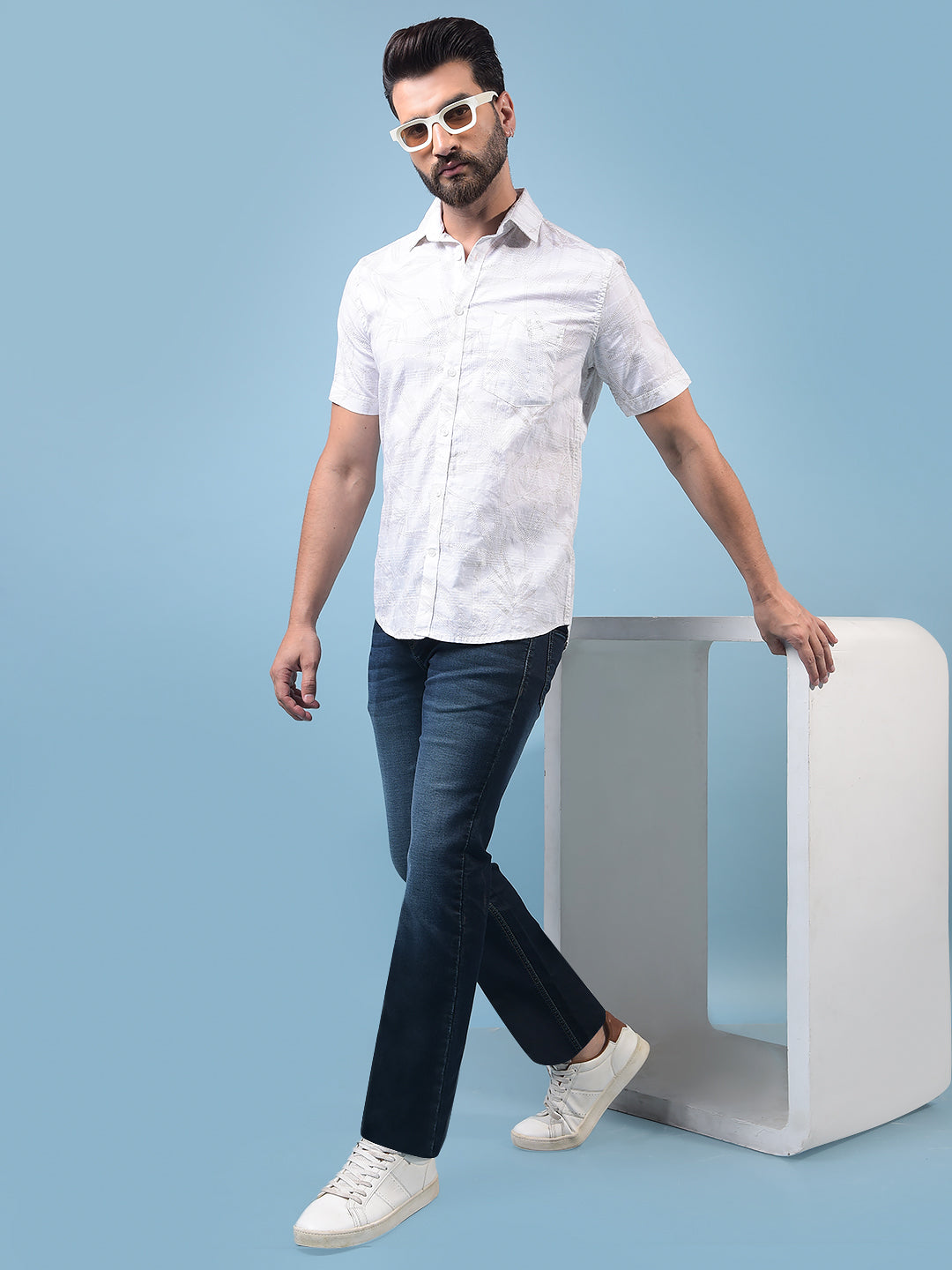 Men's White Embellished 100% Cotton Shirt-Men Shirts-Crimsoune Club