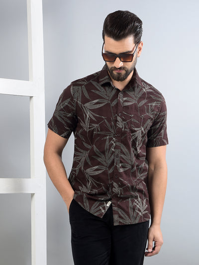 Brown Floral Print 100% Cotton Shirt-Men Shirts-Crimsoune Club
