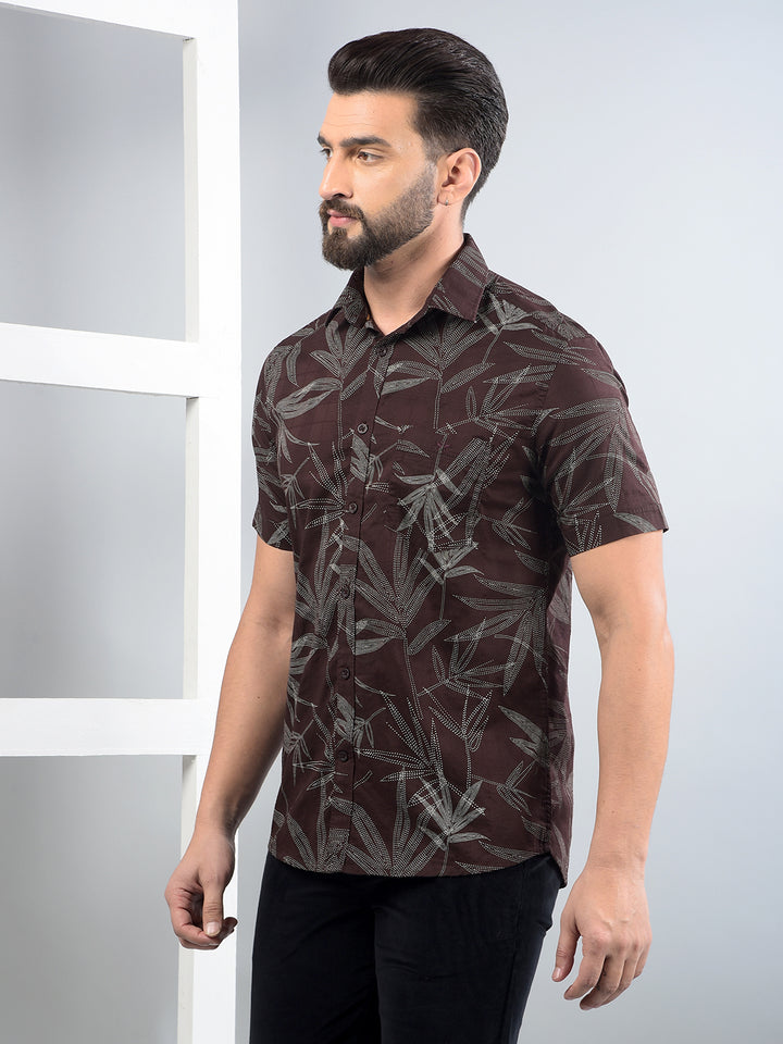 Brown Floral Print 100% Cotton Shirt-Men Shirts-Crimsoune Club