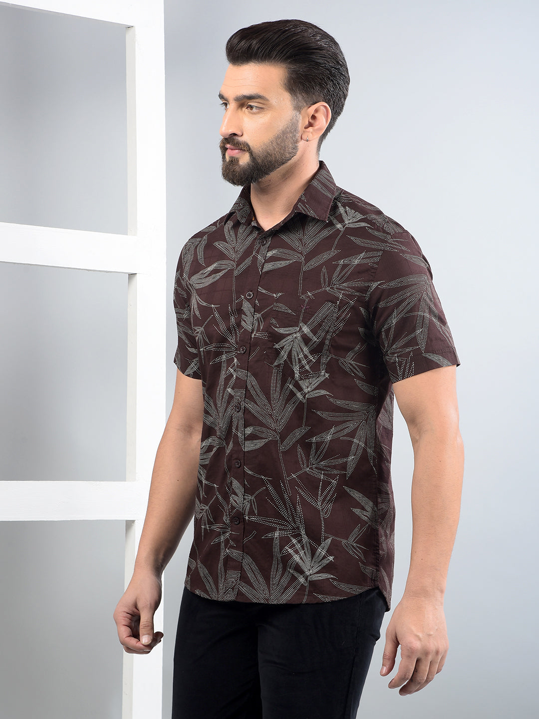 Brown Floral Print 100% Cotton Shirt-Men Shirts-Crimsoune Club