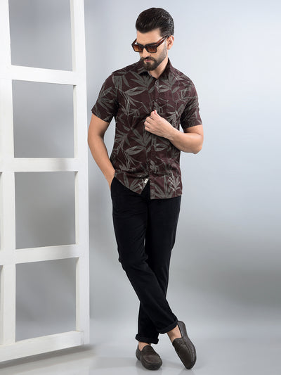 Brown Floral Print 100% Cotton Shirt-Men Shirts-Crimsoune Club