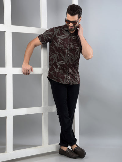 Brown Floral Print 100% Cotton Shirt-Men Shirts-Crimsoune Club