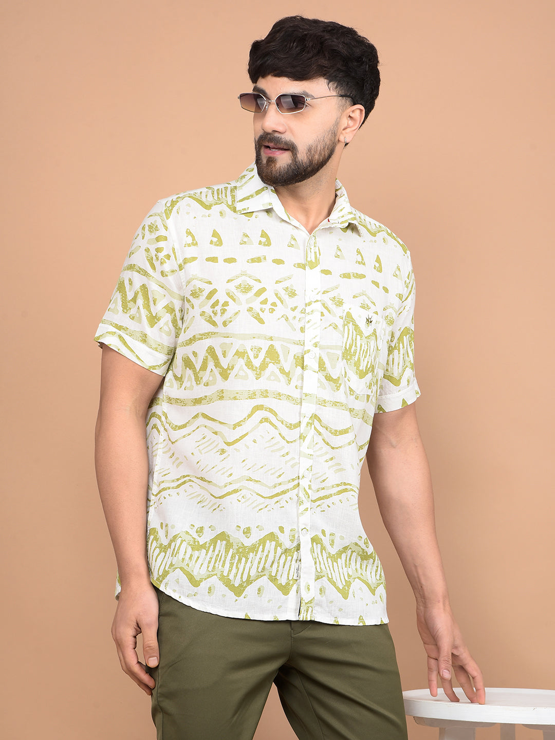 Olive Printed Linen Shirt-Men Shirts-Crimsoune Club