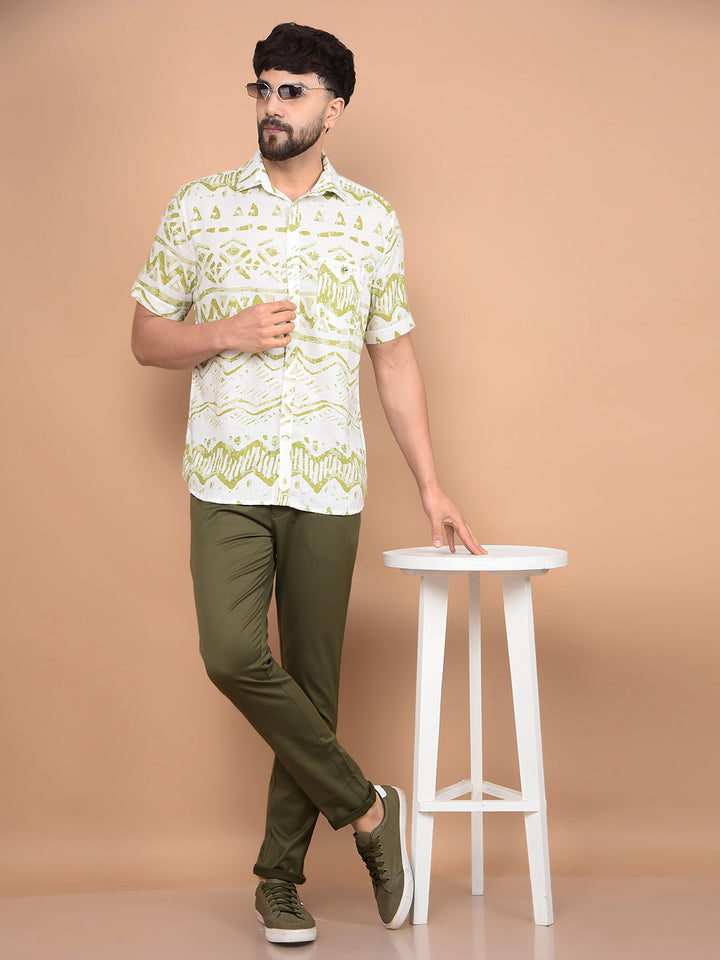Olive Printed Linen Shirt-Men Shirts-Crimsoune Club