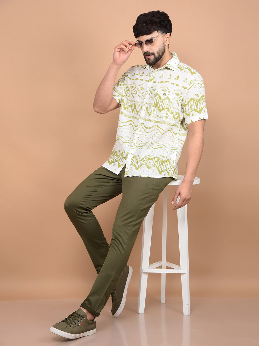 Olive Printed Linen Shirt-Men Shirts-Crimsoune Club